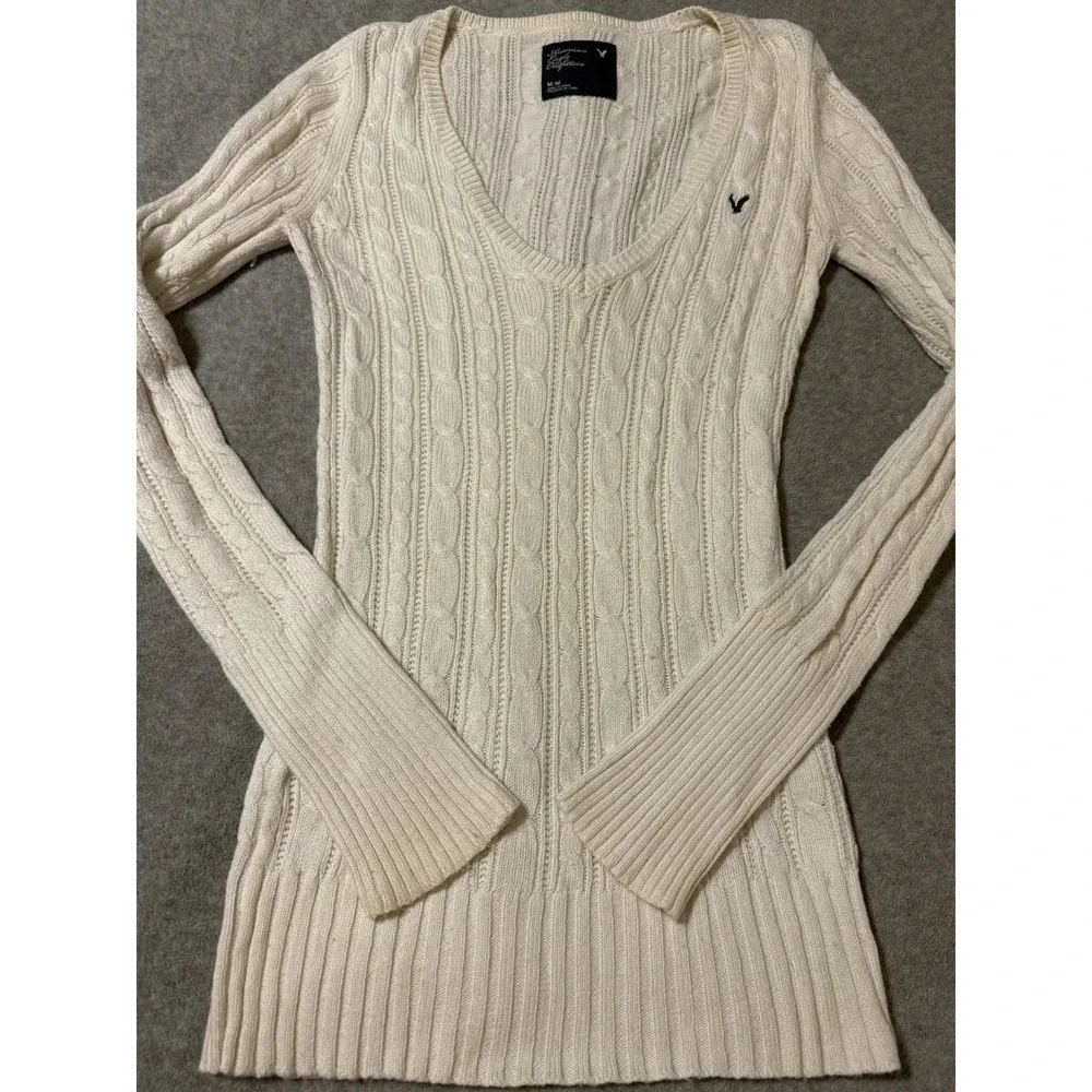 American Eagle Outfitters Women's M Cable Knit V-Neck Sweater Cream Y2K Vintage